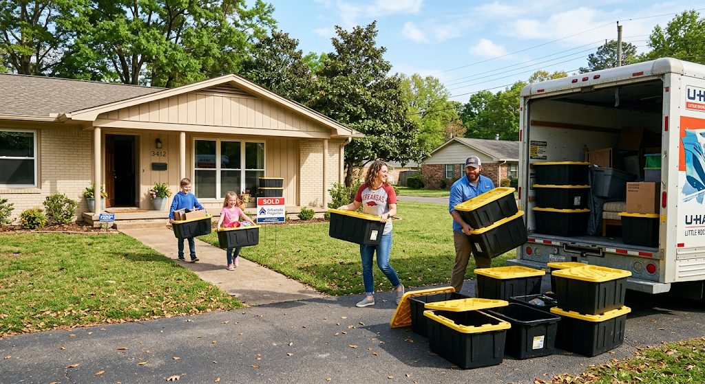 A family loading black moving totes with yellow lids into a moving truck outside their Arkansas home